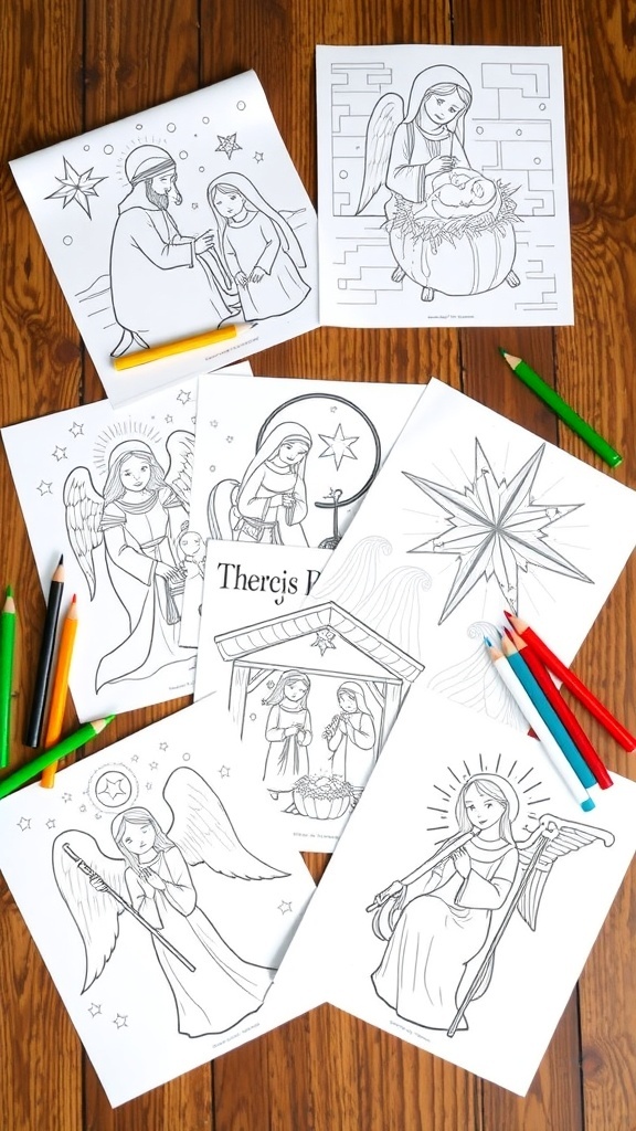 Religious Christmas Coloring Pages - Free Printable Religious Christmas coloring pages displayed on a wooden table with colored pencils.
